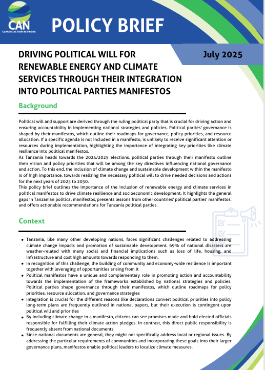 Policy Brief:  Driving political will for renewable energy and climate services through their integration into political parties manifestos